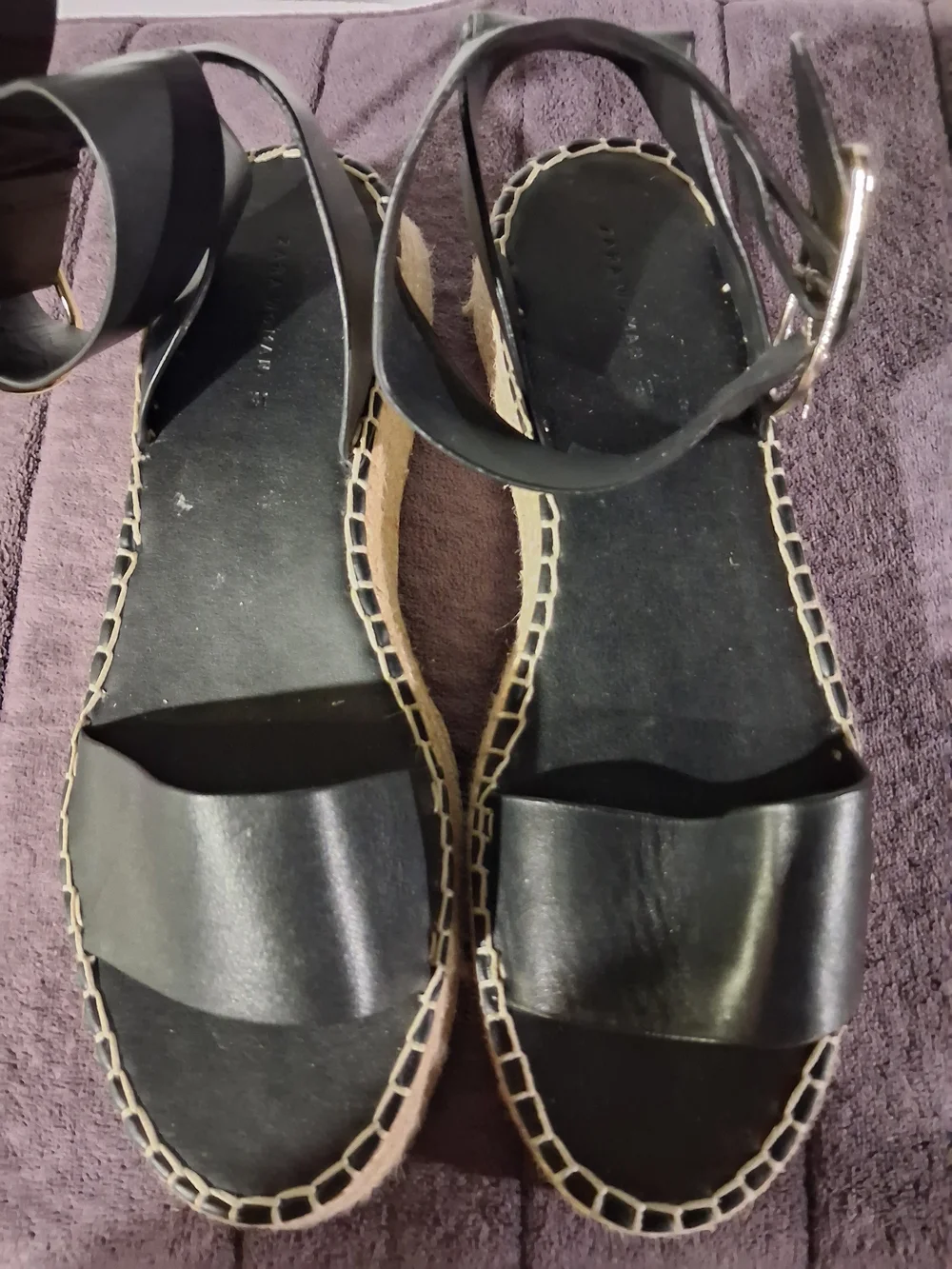 Zara Black Leather Espadrille Platform Sandals with Ankle Buckle